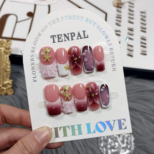TENPAL Handmade Press on Nails Medium Coffin-Nude Pink Wine Ombre Fake Nails with 3D Teardrop Metal & Ocean Floral Design,Blushing Acrylic Glossy False Nails with Crystal Y2K Style For Women Girls(S)