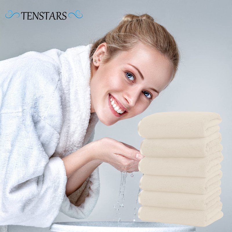 TENSTARS Silk Hemming Hand Towels for Bathroom - Quick Drying - Ultra Soft Microfiber Absorbent Towel for Bath Fitness, Gym, Shower, Hotel, and Spa - 16x28 Inch | Set of 6, Cream