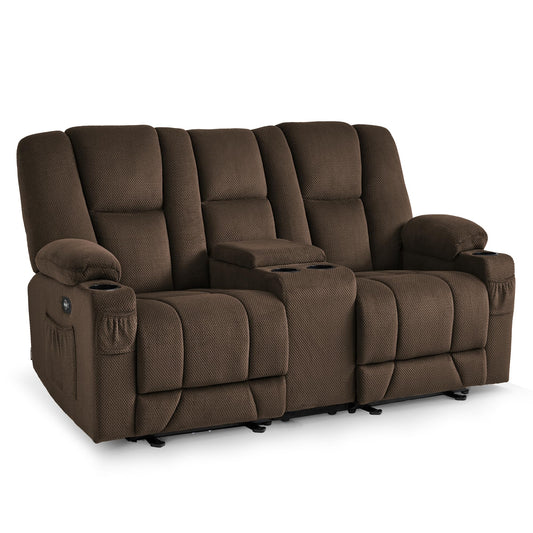 MCombo Zero Gravity Power Loveseat Sofa with Console, Heat and Massage, Reclining Loveseat for Living Room, Fabric 6035SET (Brown, Loveseat with Console)