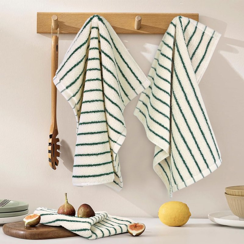 Jacquotha Striped Cotton Washcloths 12 Pack, 13” x 13” - Soft Wash Cloths for Bathroom, Kitchen, Gym, Face, Green and Cream