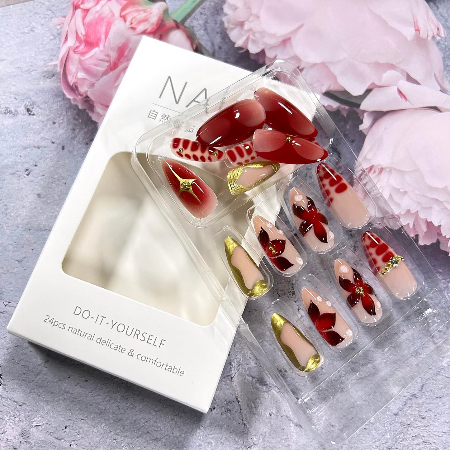 CJDLTS 24Pcs 3D Flower Fake Nail Medium Almond Gold Stars Rhinestones Lines Design Stick on Nails Full Cover Reusable Coffin Press on Nails Artificial Acrylic Fingernails for Women Manicure