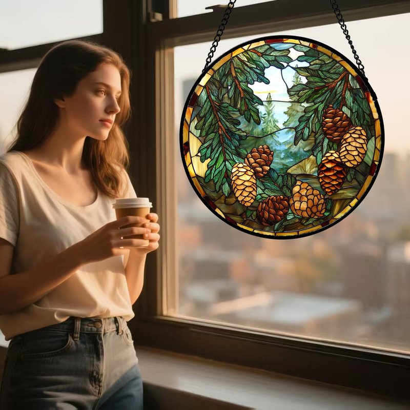 QZQCBLC Stained Glass Window Hanging Forest Pine Cone Landscape 7.8" - Green Suncatcher Door Terrace Garden Sun Catcher Home Decor Birthday Christmas for Mom Men Woman Wife