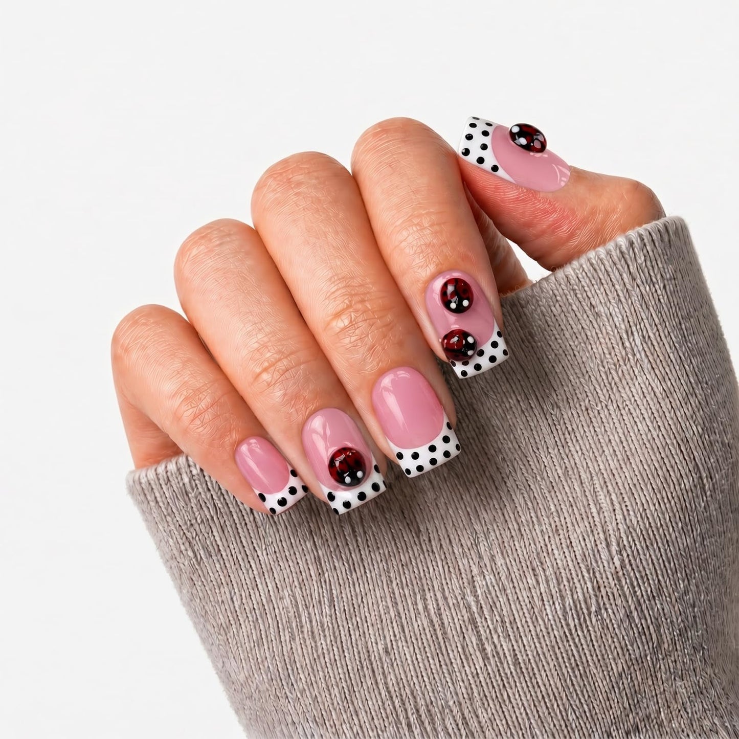 Threelegscat Short Handmade Duck Pink Press on Nails Acrylic White French Tips with Polka Dot Salon Quality Fake Nails 10 PCS Size M for Women & Girl,Daily Wear p10