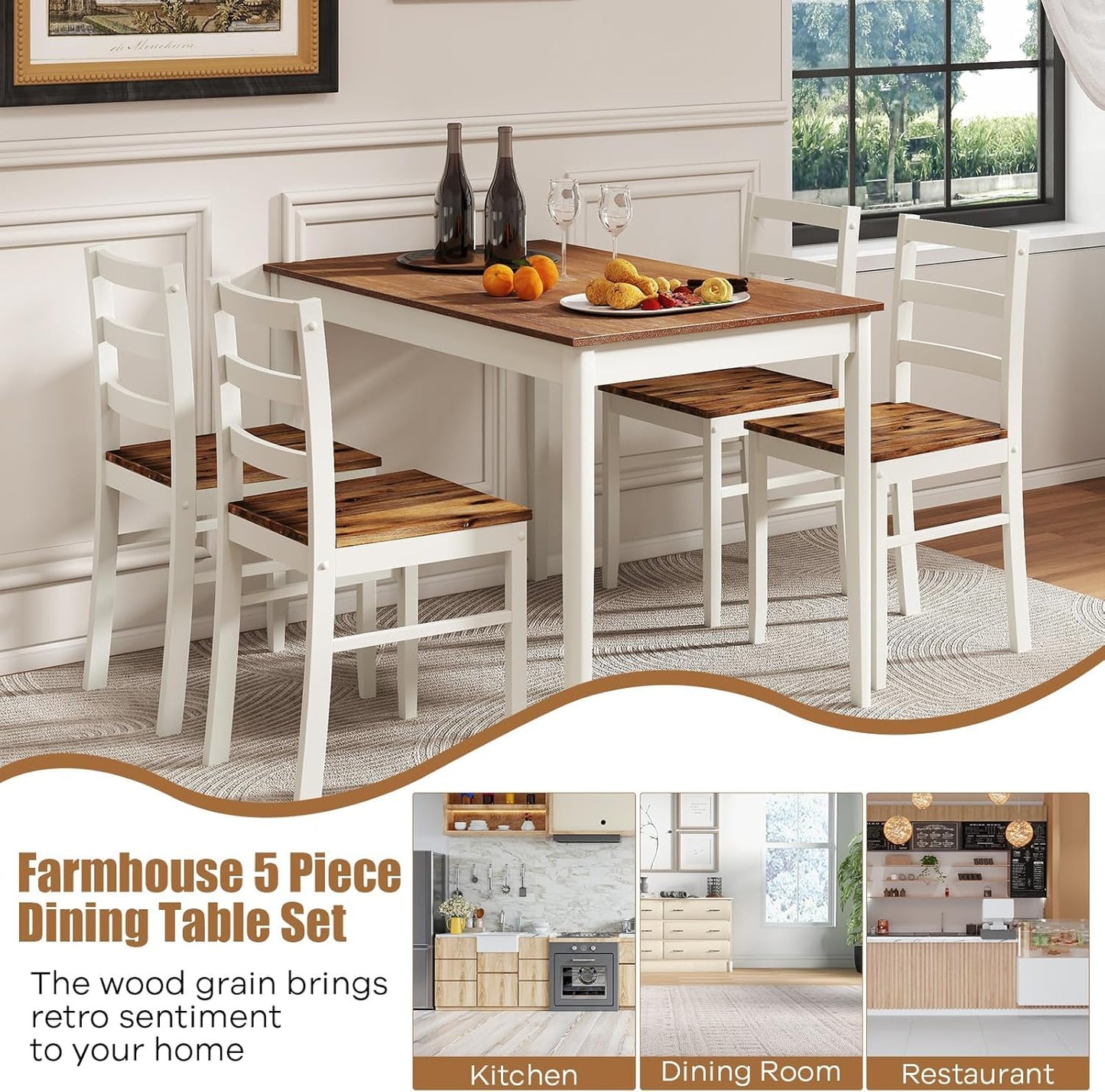 NAFORT Dining Table Set for 4, Solid Wood Kitchen Table and Chairs, Farmhouse Dinette Set w/Apron, Rubber Wood Legs, Mid-Century Modern Dining Room Table and 4 Chairs for Kitchen, Restaurant