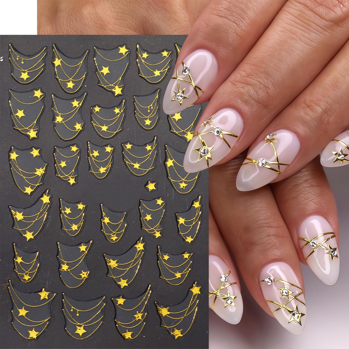 6 Sheets French Tip Line Nail Art Stickers 3D Self-Adhesive Gold Laser Silver Star French Stripe Nail Stickers Necklace Star Nail Decals French Curve Line Nail Supplies for Women DIY Nails Decoration