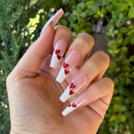 FRENCH LOVE Press-On Nails by Lavaa Beauty | Extra-Long Coffin Nails | French Tip with Small Red Hearts Valentine's Day Nails