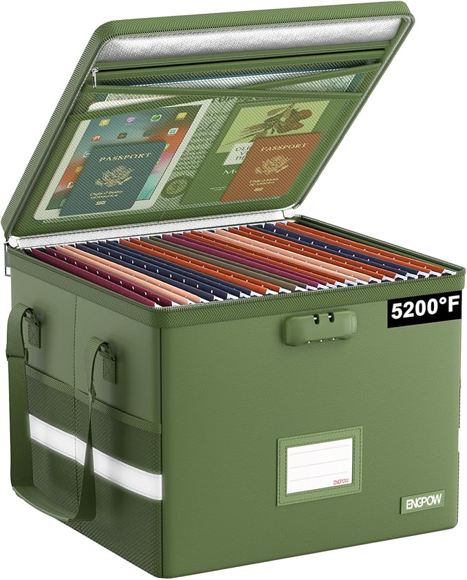 ENGPOW 5200ÃÂ°F File Box Fireproof Document Box with Lock,Heat Insulated Collapsible File Storage Organizer Box with Handle,Portable Home Office File Cabinet for Hanging Letter/Legal Size Folder, Green