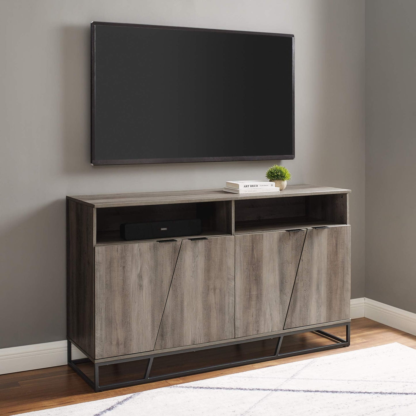 Walker Edison Angled Door Cabinet-Sideboard-Buffet with Open Shelf Storage, 58, Grey Wash