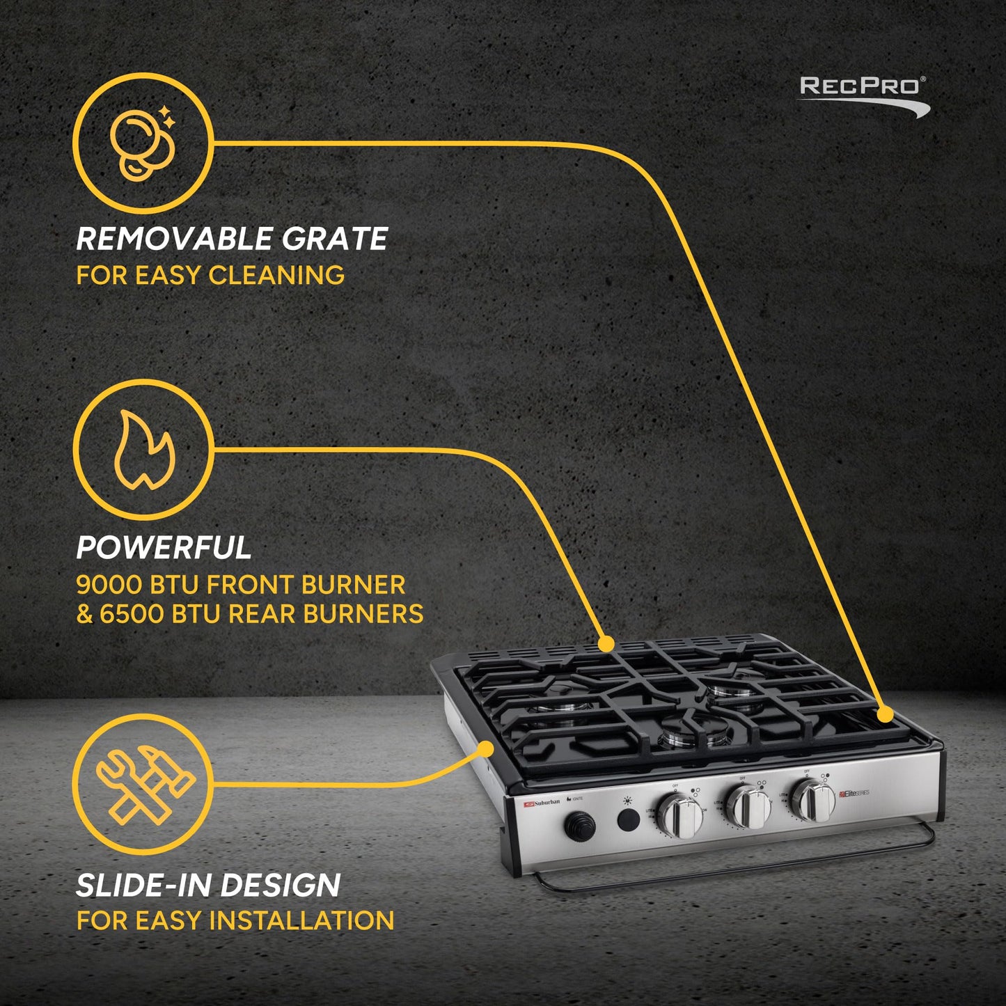 RecPro Suburban RV 3 Burner Propane Gas Cooktop | Slide-In Black Triple Burner Stove | 9000 BTU Front Burner, Dual 6500 BTU Rear Burners | Piezo Ignition | 12V DC