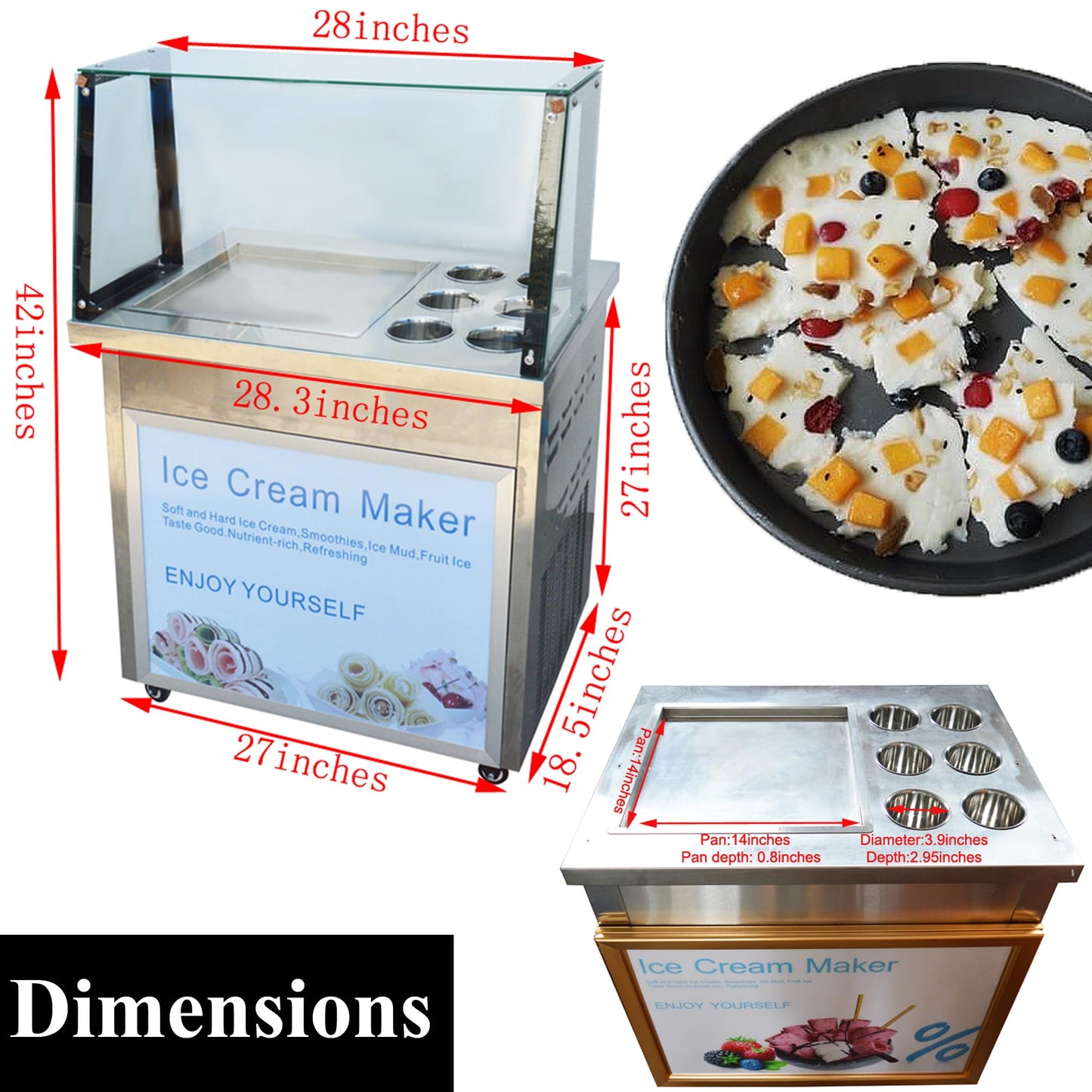 HQHAOTWU Stainless Steel Fried Ice Cream Maker Machine Commercial Rolled Icecream Maker Electric Single Square Pan Fried Yogurt Cream Machine with 6 Buckets, Lamp and Dust Cover 110V