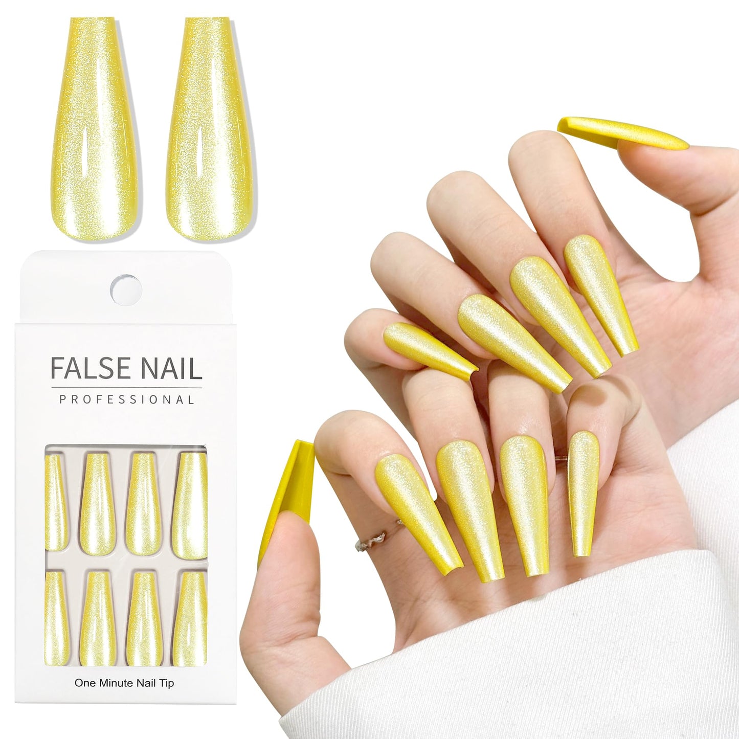 Yellow Cat Eyes Press On Nails,12 Sizes - 24 Pcs Soft Gel Yellow Long Coffin Fake Nails Kit with Nail Glue, Natural Reusable Stick On False Nails for Women and Girls SK1052