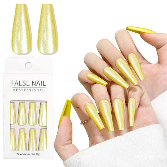 Yellow Cat Eyes Press On Nails,12 Sizes - 24 Pcs Soft Gel Yellow Long Coffin Fake Nails Kit with Nail Glue, Natural Reusable Stick On False Nails for Women and Girls SK1052