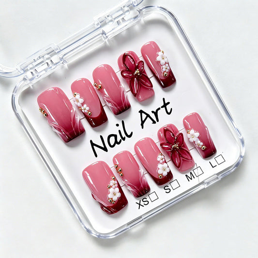 Handmade Press On Nails Medium Square 3D Flower Gold Beads Burgundy French Tip Pink Full Cover False Nails Acrylic Stick on Nail for Women Daily Date Party, 10Pcs (M)
