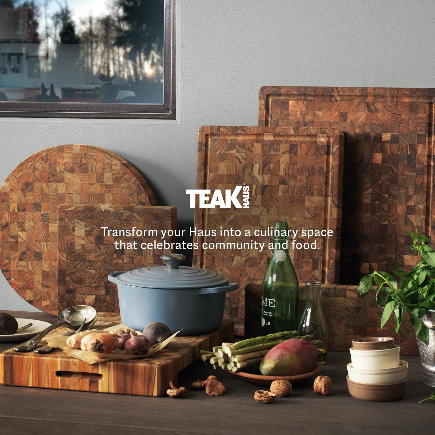 Teakhaus Butcher Block Carving Board - Extra Large Reversible Wooden Cutting Board with Juice Groove and Grip Handles - Teak End Grain Wood - Knife Friendly - FSC Certified