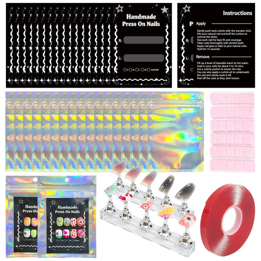 Press On Nail Packaging Kit, 50pcs Nail Instruction Display Cardboard, 50 Packaging Bag, 2pcs Display Stand, Adhesive Putty, Transparent Tape for Handmade Nails Business (50pcs black+ nail stand)