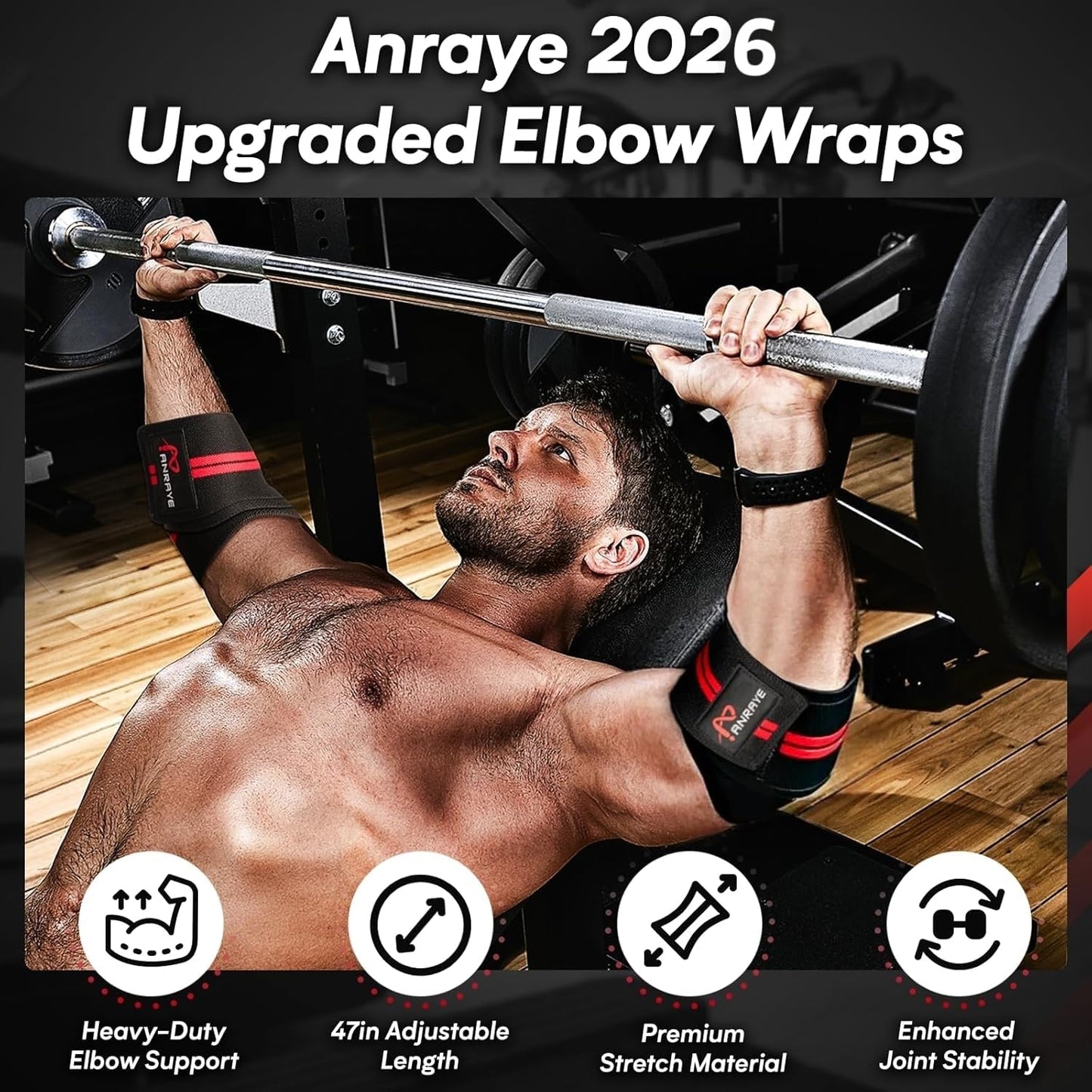 Elbow Wraps for Weightlifting - Adjustable Compression Straps & Elbow Brace for Joint Support (1 Pair), 47" Elbow Sleeves Weightlifting Men Women for Bench Press Powerlifting and Fitness Training"