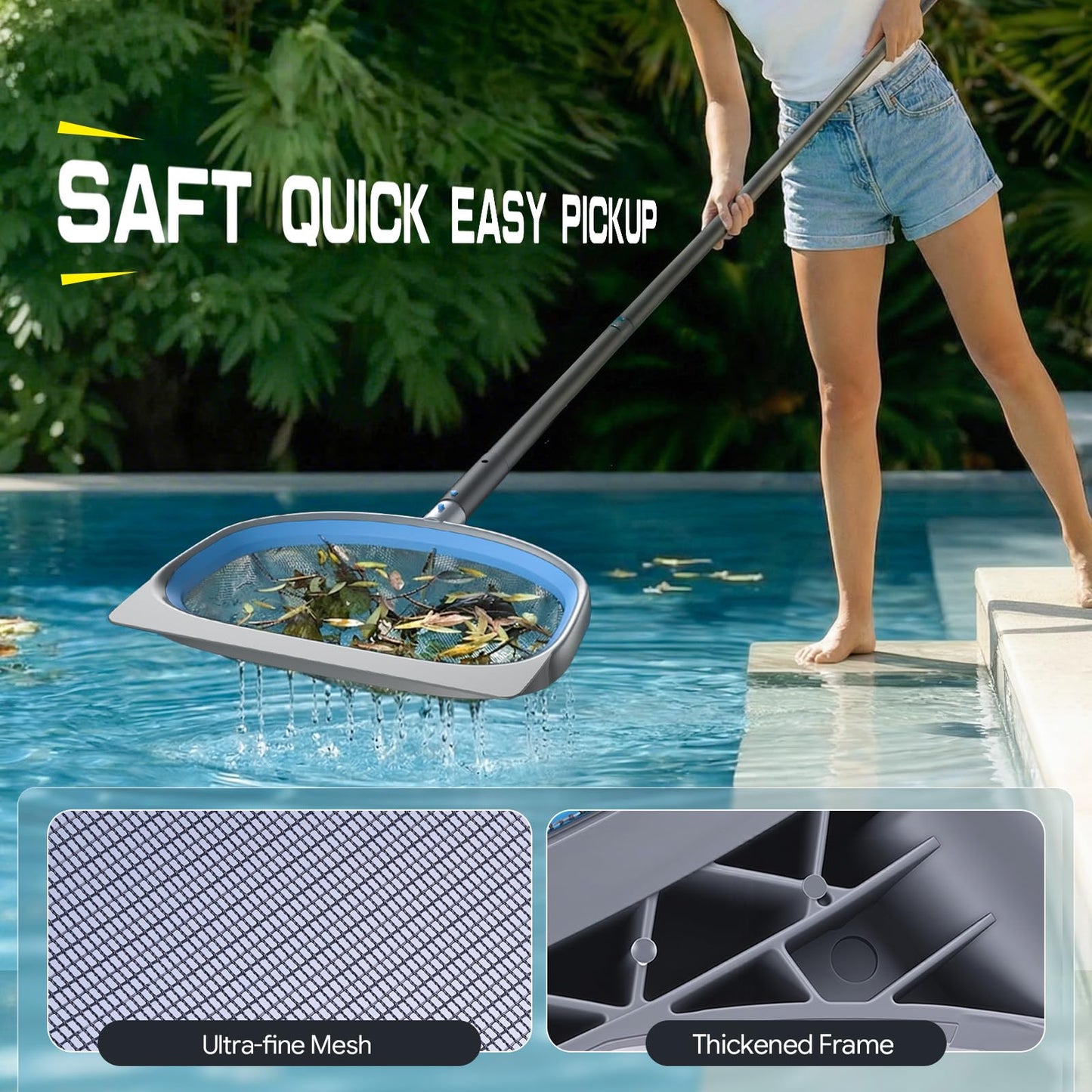 UIRWAY 3-in-1 Deluxe Swimming Pool Cleaning Kit - Includes Pool Brush with Detachable Side Round Ends, Deep Leaf Skimmer Net & Flat Fine Mesh Net for Inground & Above Ground Pools Cleaning(No Pole)