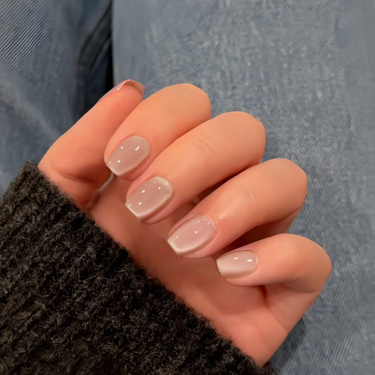 KQueenest Cat Eye Press on Nails Short, 24 Pcs Acrylic Press on Nails Square, Glass Nude Fake Nails Press on Short, Sparkly Chrome Design, Reusable Soft Gel Glue on Nails for Women Gift