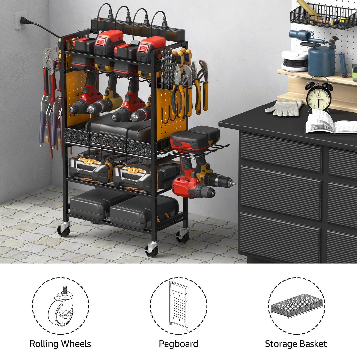 CCCEI Power Tool Organizer Cart with Charging Station, Garage Floor Rolling Storage Cart on Wheels for Mechanic, Mobile 6 Drill, Tool Box Utility Cart with Power Strip, Yellow.