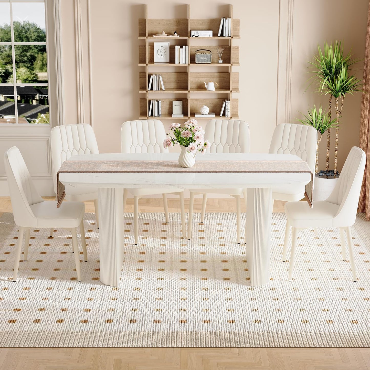 TesNus White Dining Table Set for 6, 67'' Modern Dining Table Set with 6 Upholstered Metal Chairs, 3.5'' Oval Faux Marble Top and Cream White Pedestal Base, Rounded Corners Marble Kitchen Table Set