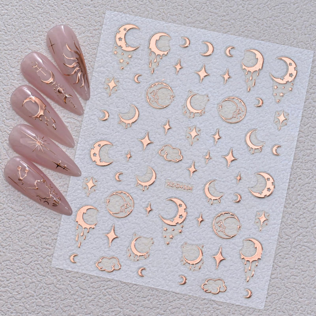 12 Sheets Rose Gold Nail Art Stickers, 3D Self-Adhesive Sun Moon Stars Designs Nail Sticker Acrylic Manicure Decals Decorations Accessory for Women Girls