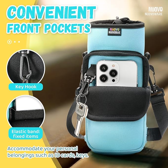 Nuovoware Water Bottle Carrier Bag,25oz/40oz/64oz Bottle Pouch Holder,Adjustable Shoulder Hand Strap 2 Pocket Sling Neoprene Sleeve Sports Accessories for Hiking Travelling Camping
