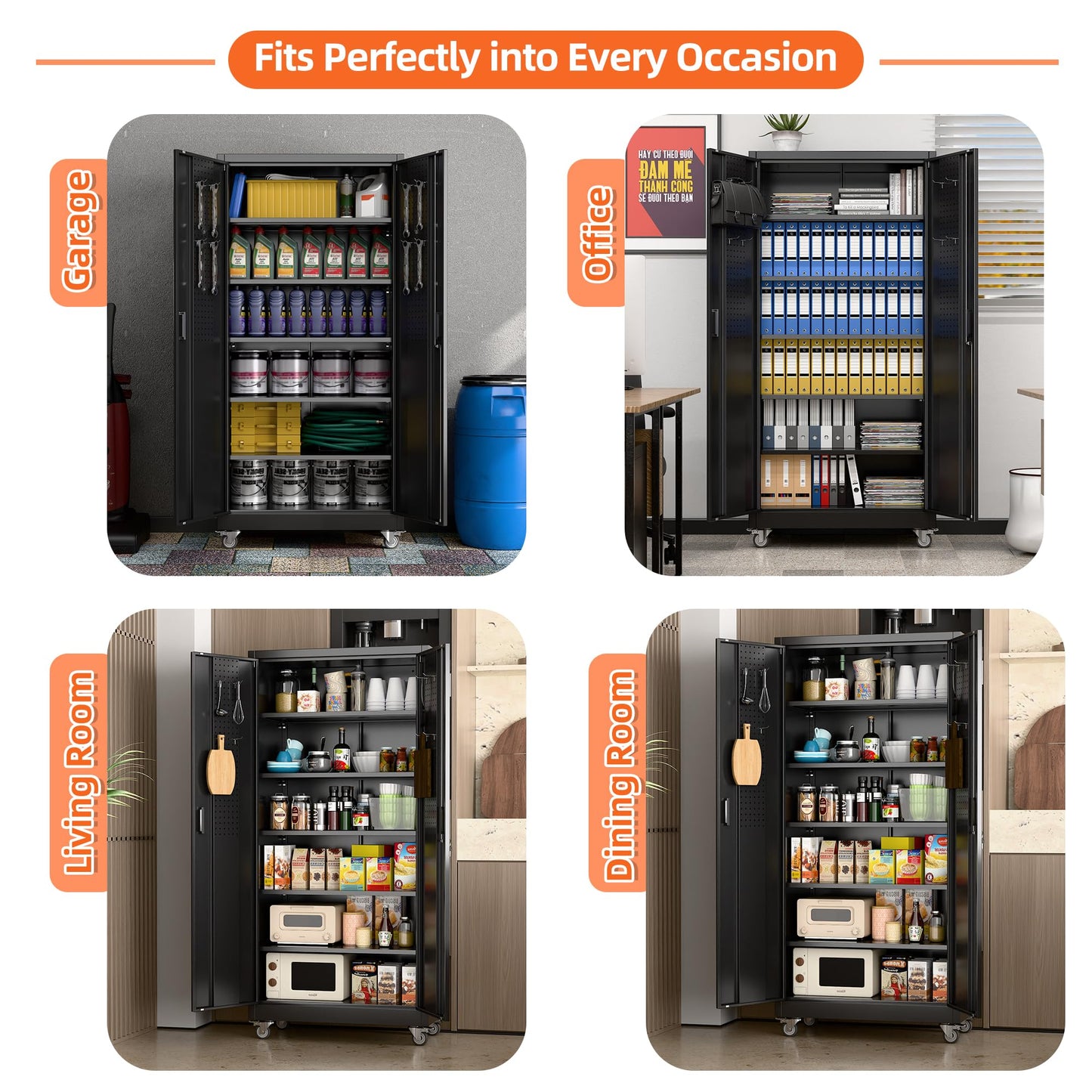 GangMei Metal Storage Cabinet with 5 Adjustable Shelves and Pegboard, 71" H×32" W×16" D Lockable Garage Storage Cabinet with Wheels for Garage, Home, Warehouse, Black, Assembly Required