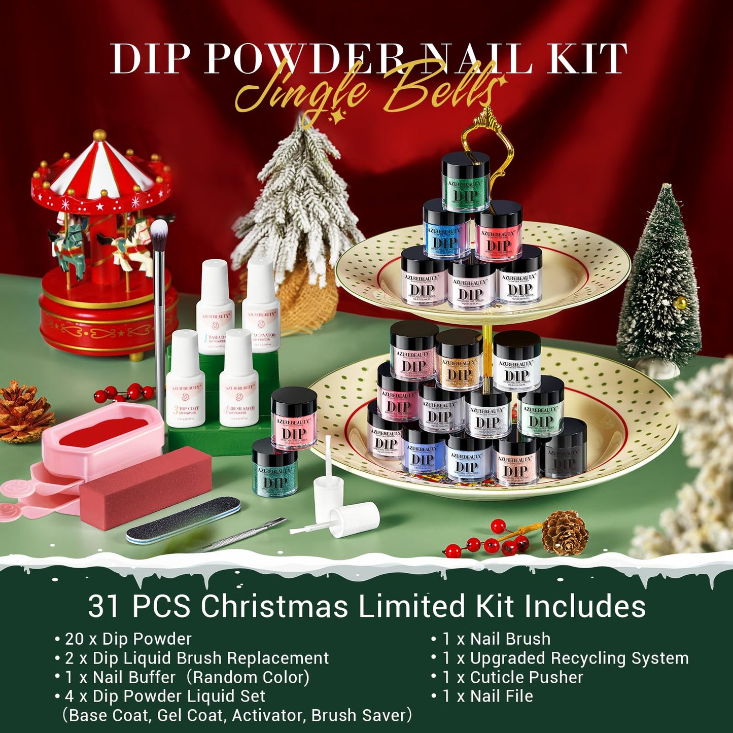 AZUREBEAUTY 31 PCS Dip Powder Nail Starter Kit Christmas Red Green Gold Grey Acrylic Dipping Powder 20 Colors Set with Recycle Tray Top/Base Coat Activator French Nail Art Manicure Salon