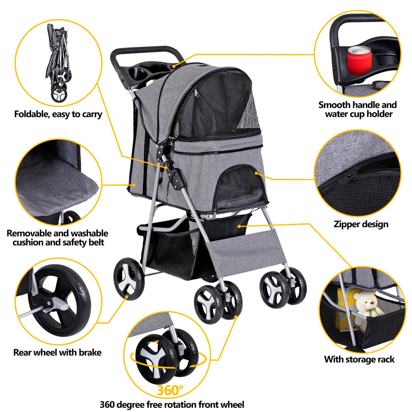 ZENY Foldable Pet Stroller, Cat/Dog Stroller with 4 Wheel, Pet Travel Carrier Strolling Cart with Storage Basket, Cup Holder (Grey)