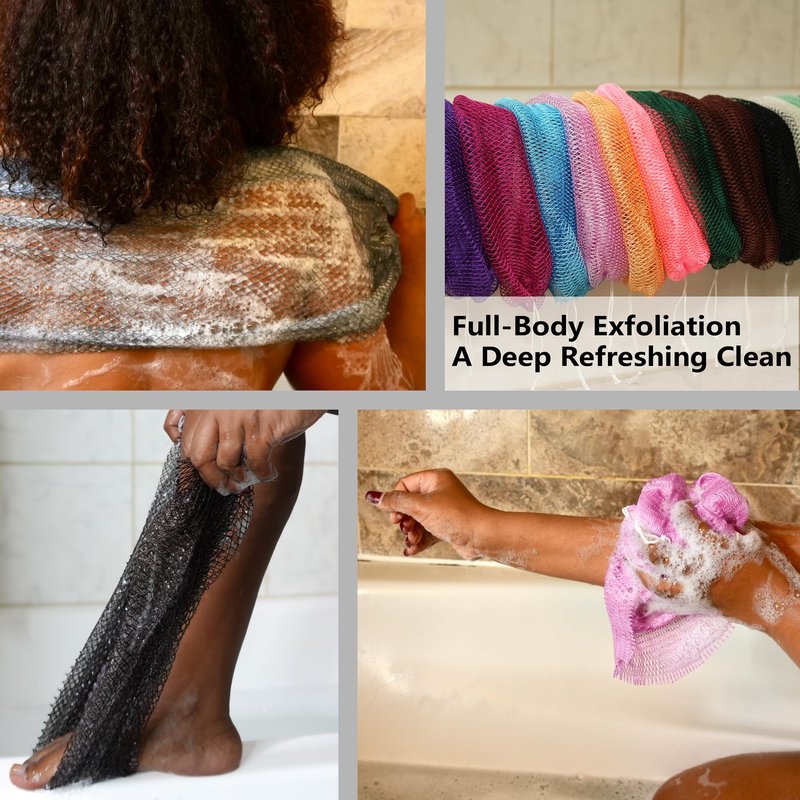 Rominetak African Net Sponge Authentic, 2 Pieces African Exfoliating Net Sponge with Knots, Quick-Drying Body Scrub Net, Bath Washcloth Loofah for Women and Men (Navy Blue+Black)