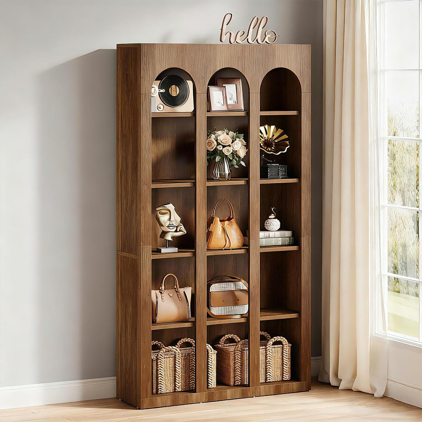 Tribesigns 5-Tier Farmhouse Arched Bookshelf, 70.87-Inch Mid Century Modern Arched Bookcase with Open Shelves, Tall Book Shelf Vintage Display Storage Shelving Unit for Home Office, Rustic Brown