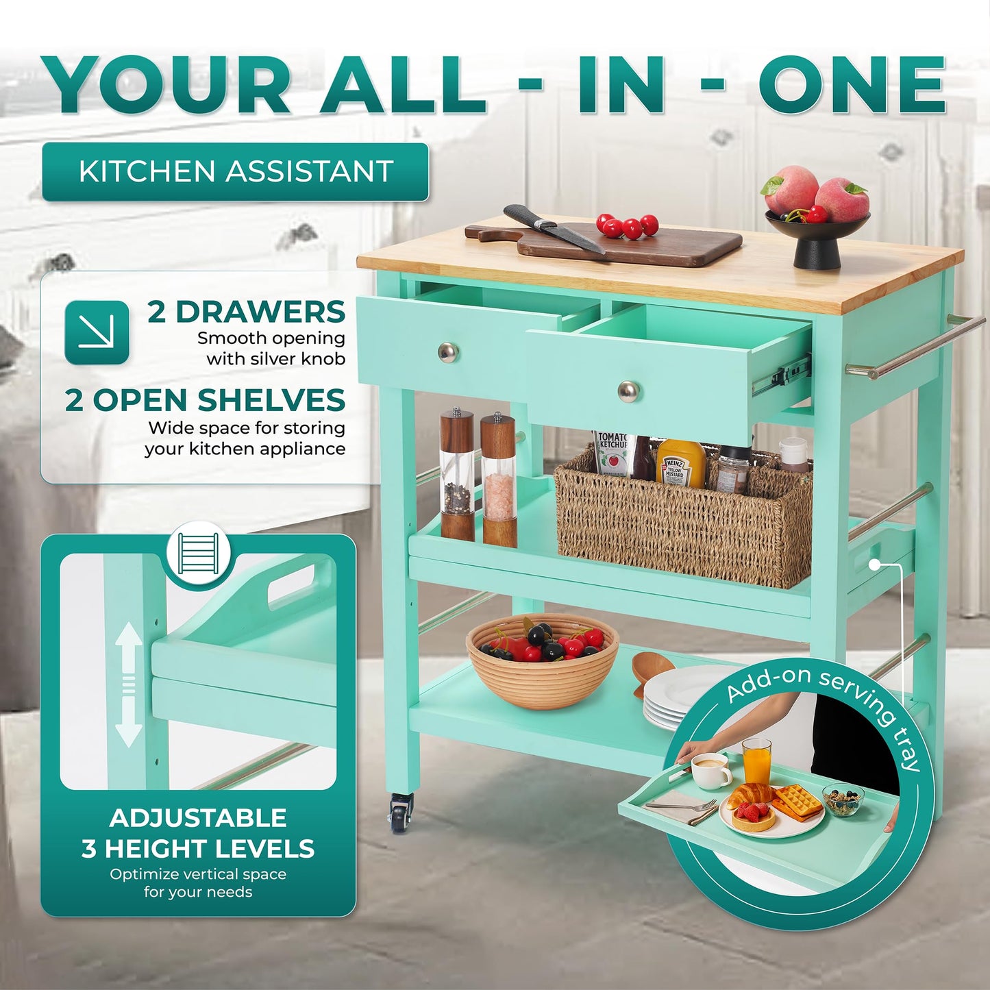 ARROWSTONE Rolling Kitchen Island Cart, Teal Kitchen Cart with Rubberwood Top, Ample Storage Drawers, Adjustable Shelves, Utility Cart with Wheels for Small Kitchens, 35” Height