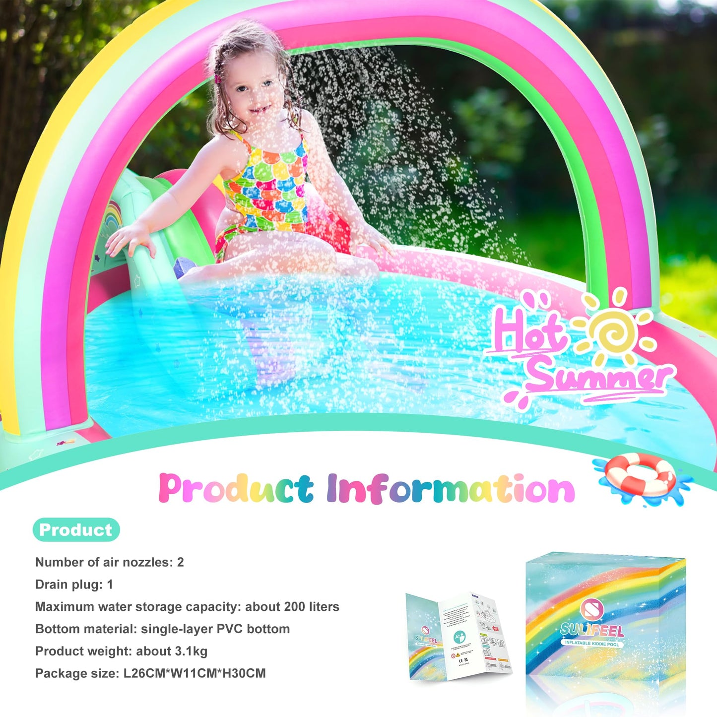 SULIFEEL Rainbow Unicorn Inflatable Play Center Kiddie Pool with Slide and Sprinkler for Children, 96''x59''x39''in Baby Pool for Backyard and Garden
