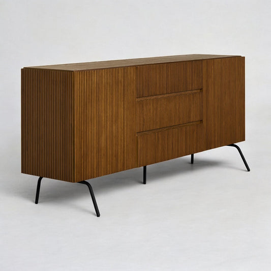 NTC Veil Large Sideboard with 2 Doors and 3 Drawers, Buffet Cabinet with Vertical Groove Design and Metal Legs, Storage Cabinet for Living Room, and Entryway, Effortless Assembly - Rustic Oak