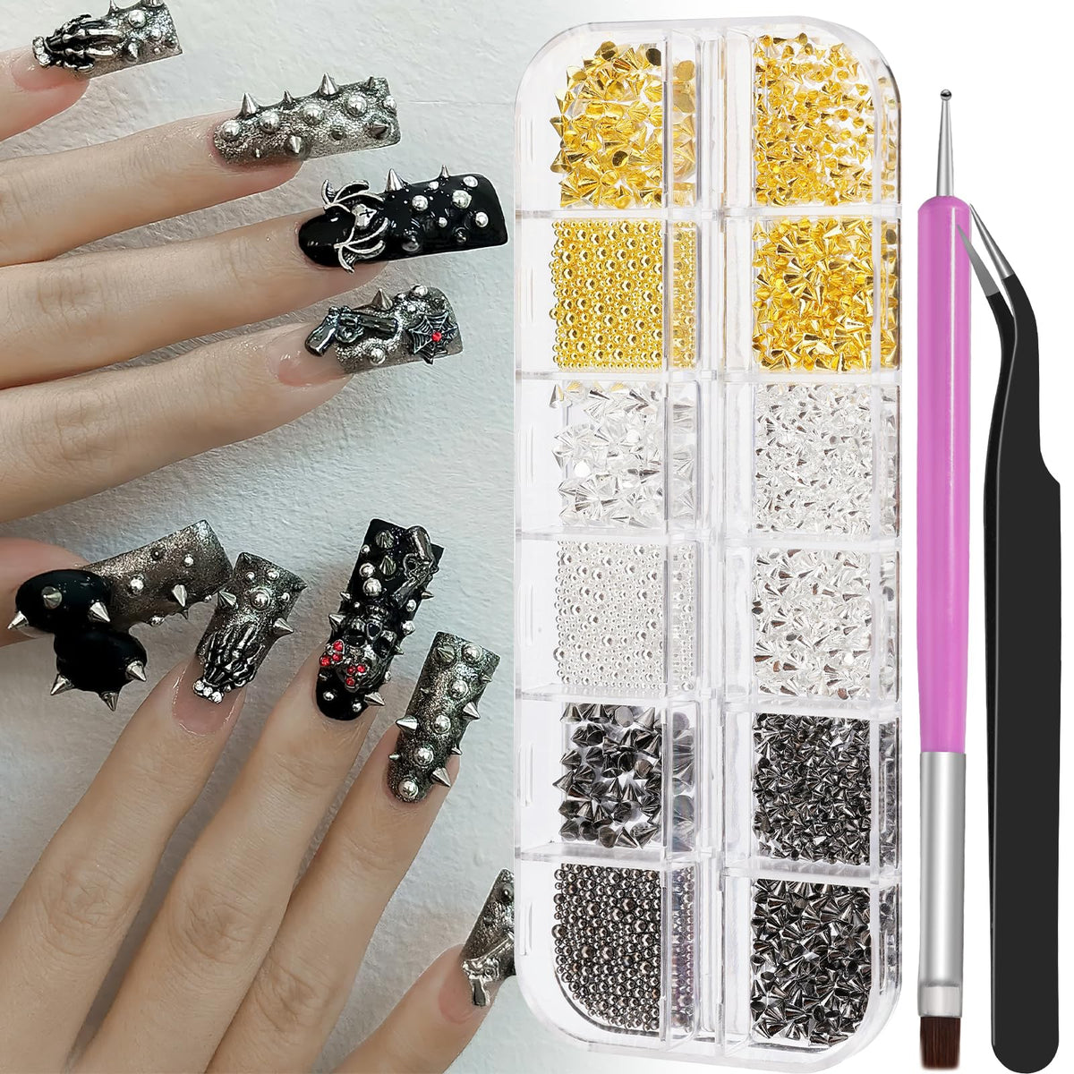 3D Mini Metal Punk Nail Art Studs, Mixed Sizes Gold Silver Black Alloy Cone Spikes Rivets Steel Beads Balls Goth Nail Charms with Tweezers & Dual-end Brush for Nails DIY Crafts Decorations (17-K1)