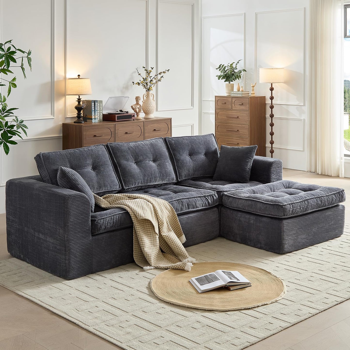 ROXGOX Modular Sectional Sofa, Modern Boneless Couch with L-Shape Chaise, Home Sectional Comfy Sofa Set for Living Room Bedroom and Floor, Plush Corduroy, No Assembly Required (Gray)