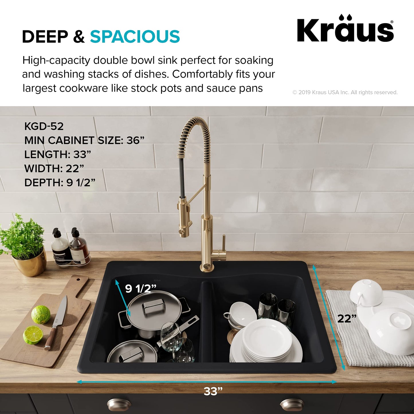 KRAUS Forteza 33-inch Drop in/Undermount 50/50 Double Bowl Granite Kitchen Sink in Black, KGD-52BLACK