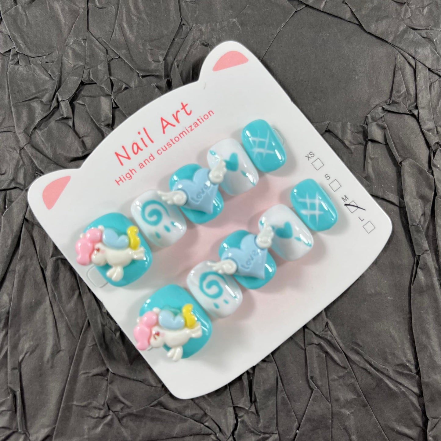 Short Press on Nails Handmade Nails 10Pcs Cartoon Nails Cute Mini Nails Blue Fake Nails for Women Party Holiday Photo Daily Wear 1.5CM Size M