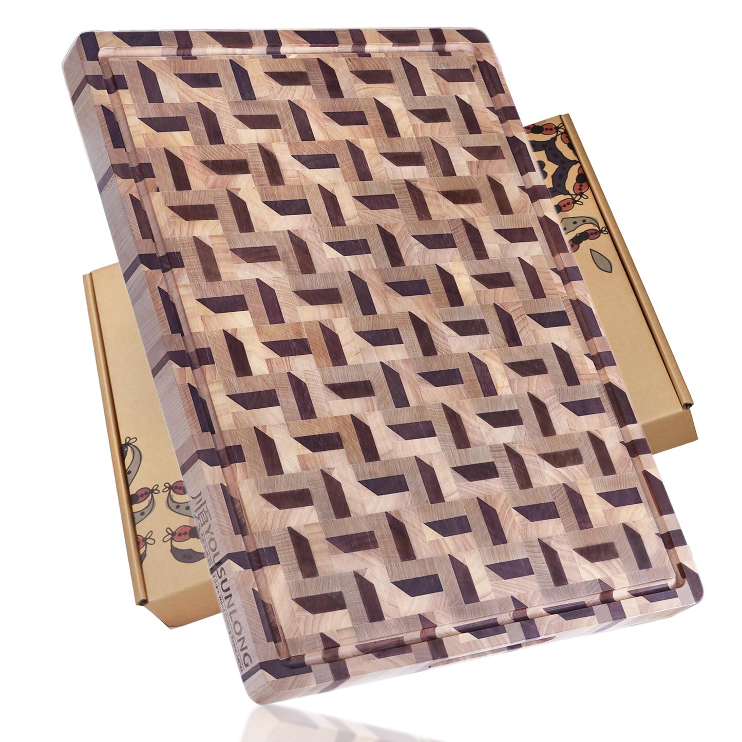 YOUSUNLONG End Grain Cutting Board - 3D Zigzag Pattern Walnut & Maple Butcher Block XXL Brisket Board - 24"L x 18"W x 1.5" Thick w/Juice Groove and Handles - Barbecue Tray,Cooktop Board;Cheese Board