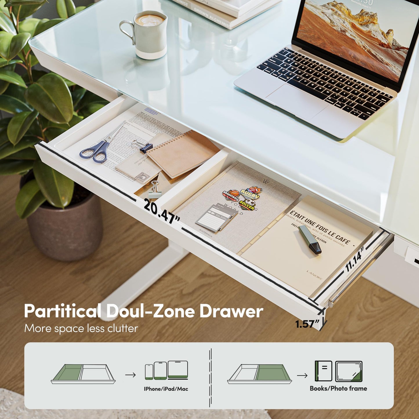 BANTI Electric Standing Desk with Drawers, 55 inch Whole-Piece Glass Desktop, Height Adjustable Stand up Sit Stand Home Office Ergonomic Workstation, White Tabletop
