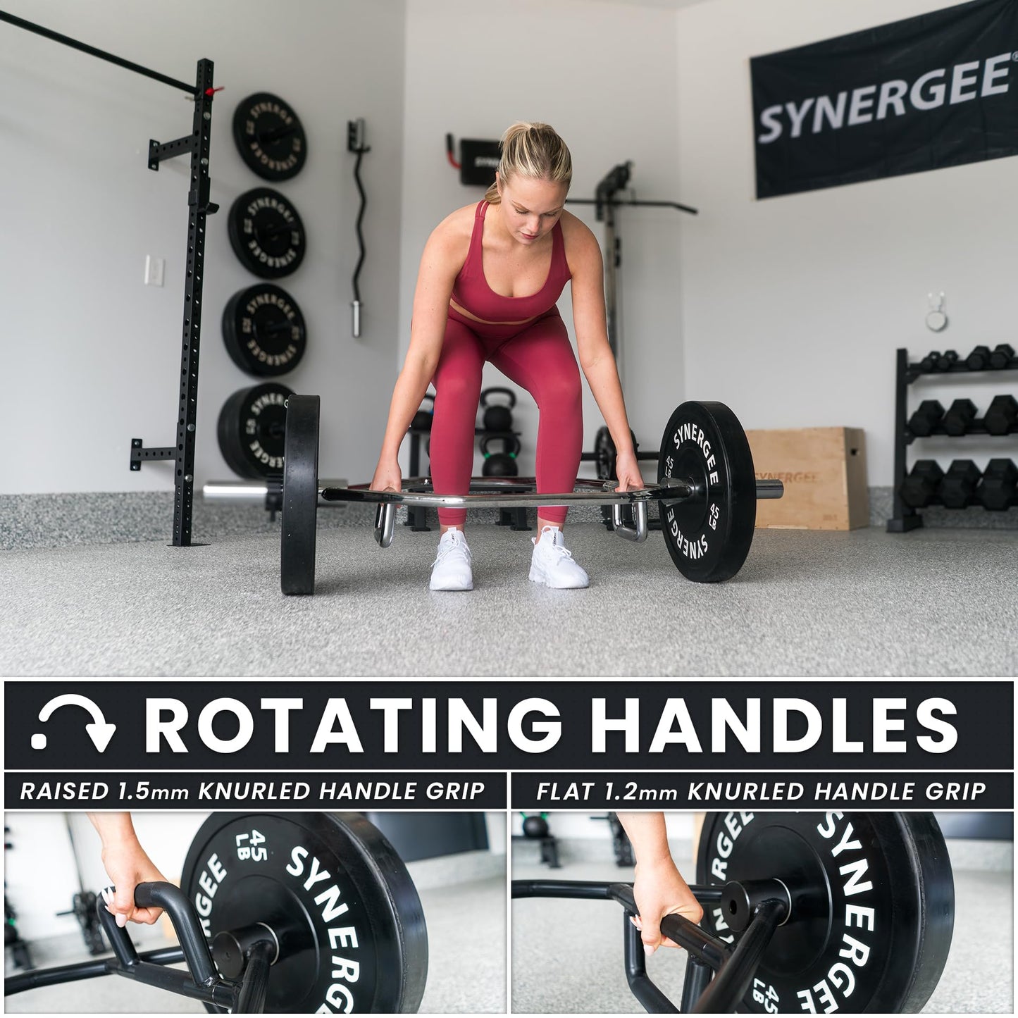 Synergee 25kg Black Olympic Hex Barbell Trap Bar with Two Handles for Squats, Deadlifts, Shrugs and Power Pulls. 56” Long Bar with 10” Sleeve.