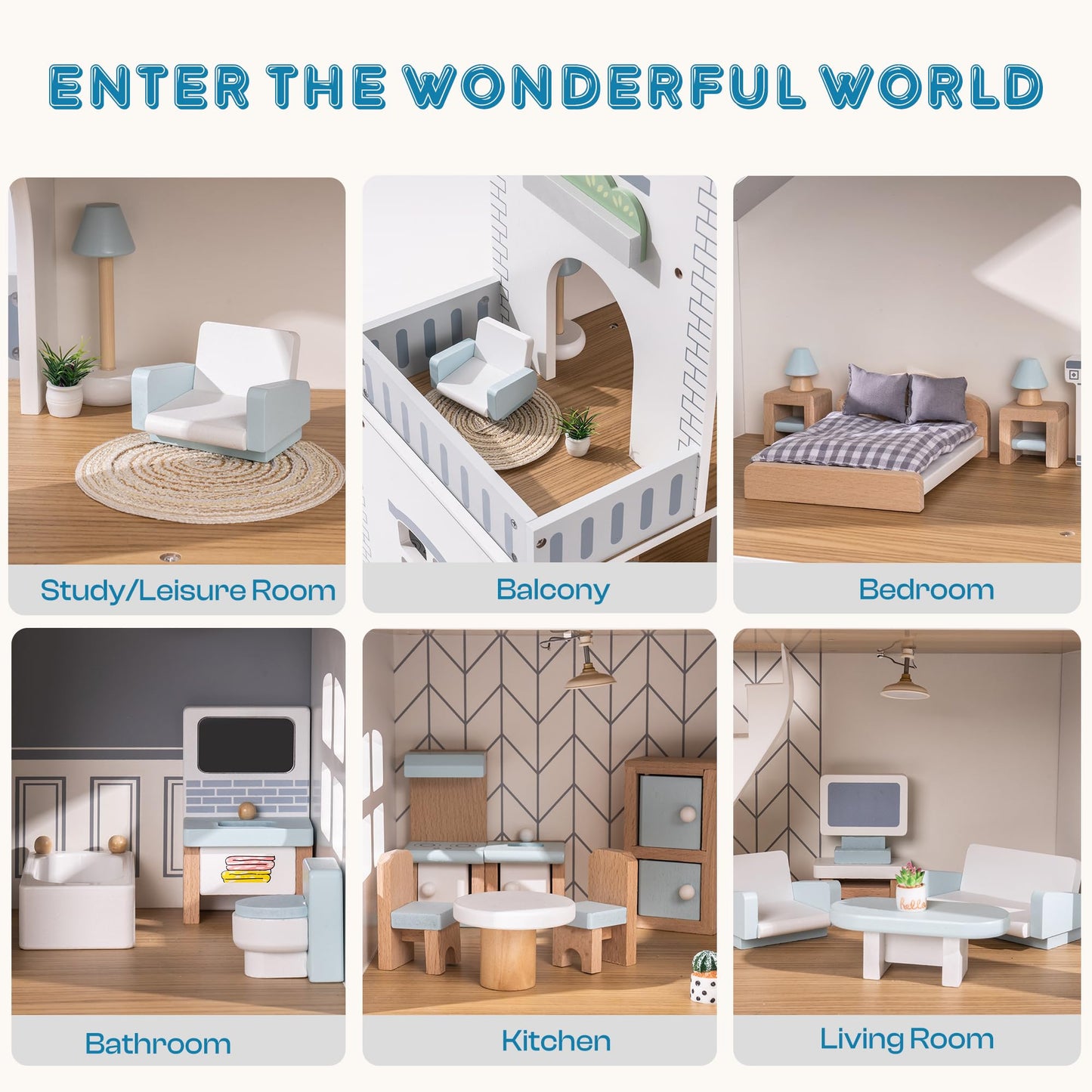 ROBOTIME Wooden Dollhouse, Wooden Doll House with 29 Pieces of Furniture, 6 Rooms Fits 4-6 Inch Dolls, Gift for Kids Ages 3+