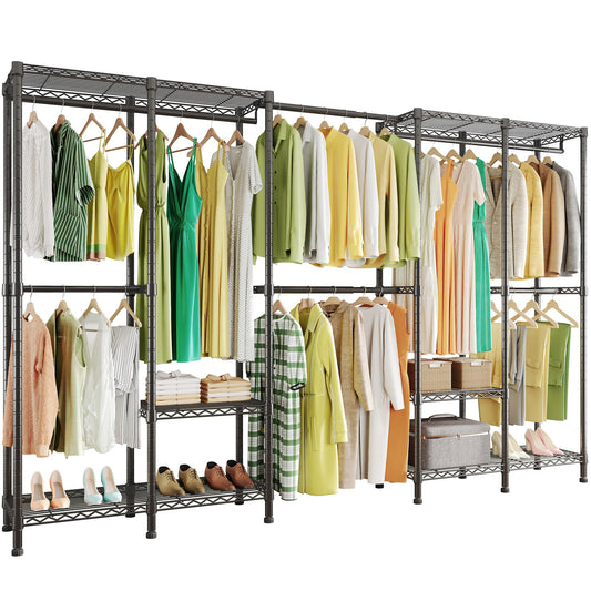 Higeego H5 Pro Heavy Duty Garment Rack, Freestanding Clothes Rack, Wardrobe Closet for Hanging Clothes, Portable Closet Organizer with Expandable Hanger Rods, (97.7-115.4")L x 15.7"W x 75.4"H, Black