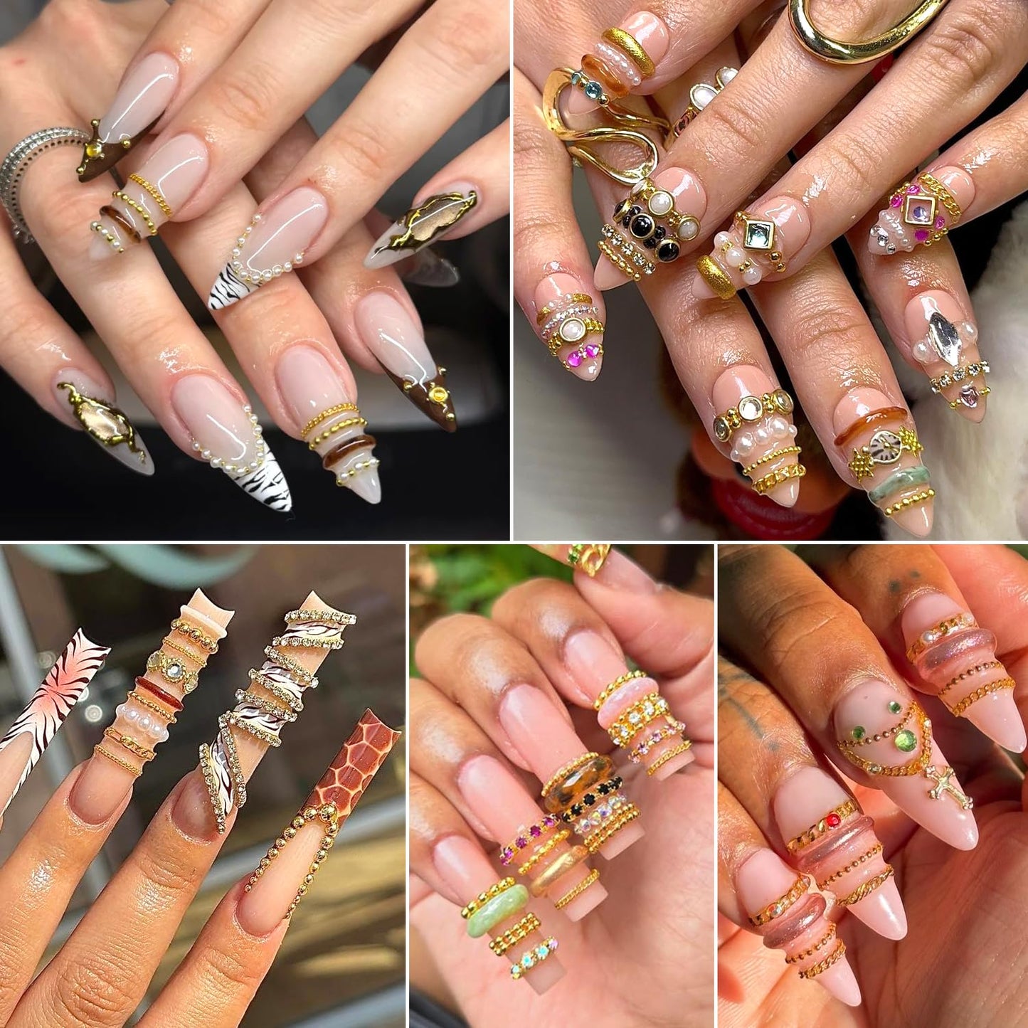 12 Strips Metal Nail Chain Charms, 3D Gold Silver Nail Art Line Accessories, Punk Luxury Pearl Gem Jewelry Chains for Women Girls Manicure Supplies DIY Crafts Decorations