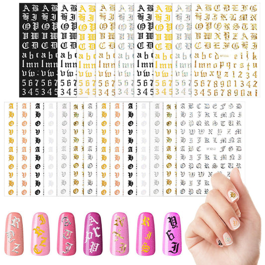 Maitys 24 Sheets Letter Nail Stickers 3D Holographic Self-Adhesive Old English Nail Decals Gold Black White Retro Alphabet Cursive Design Manicure Accessories for Nails Art Women DIY