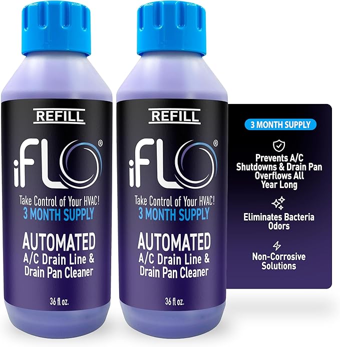 iFLOÂ® Smart A/C Drain Line Cleaner and Drain Pan Cleaner Cartridge, Fast-Acting, Long-Lasting HVAC System Solution for Tough Clogs & Buildup, 3-Month Supply per Bottle, 2 Pack of 36oz