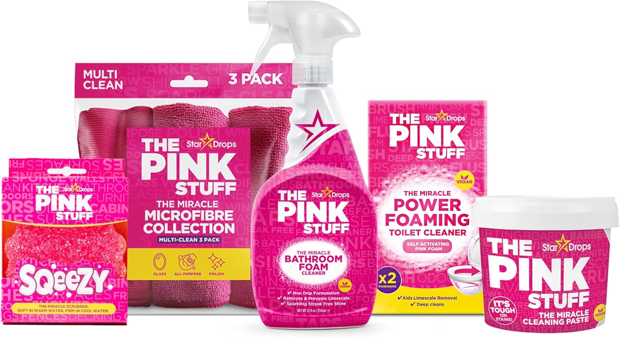 Stardrops - The Pink Stuff Bathroom Cleaning Kit â Cleaning Paste, Bathroom Foam Spray, Toilet Foaming Powder, SQeeZY Sponge & 3 Microfiber Cloths â Tough on Stains, Grease & Soap Scum
