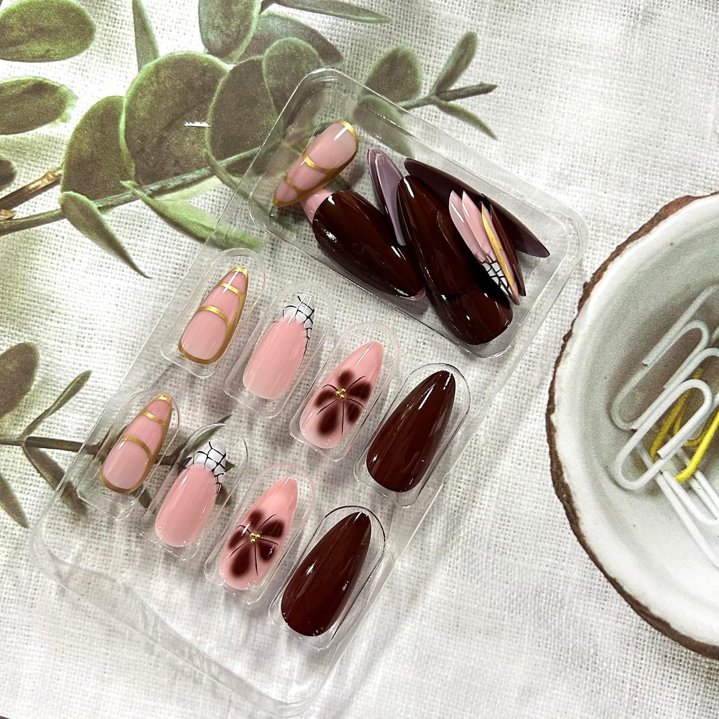CJDLTS French Tip Press on Nails Almond Medium Flower Rhinestones Design Full Cover Glossy Acrylic Fake Nail Press Ons Artificial Fingernails DIY Reusable Glue on Nails for Women 24Pcs