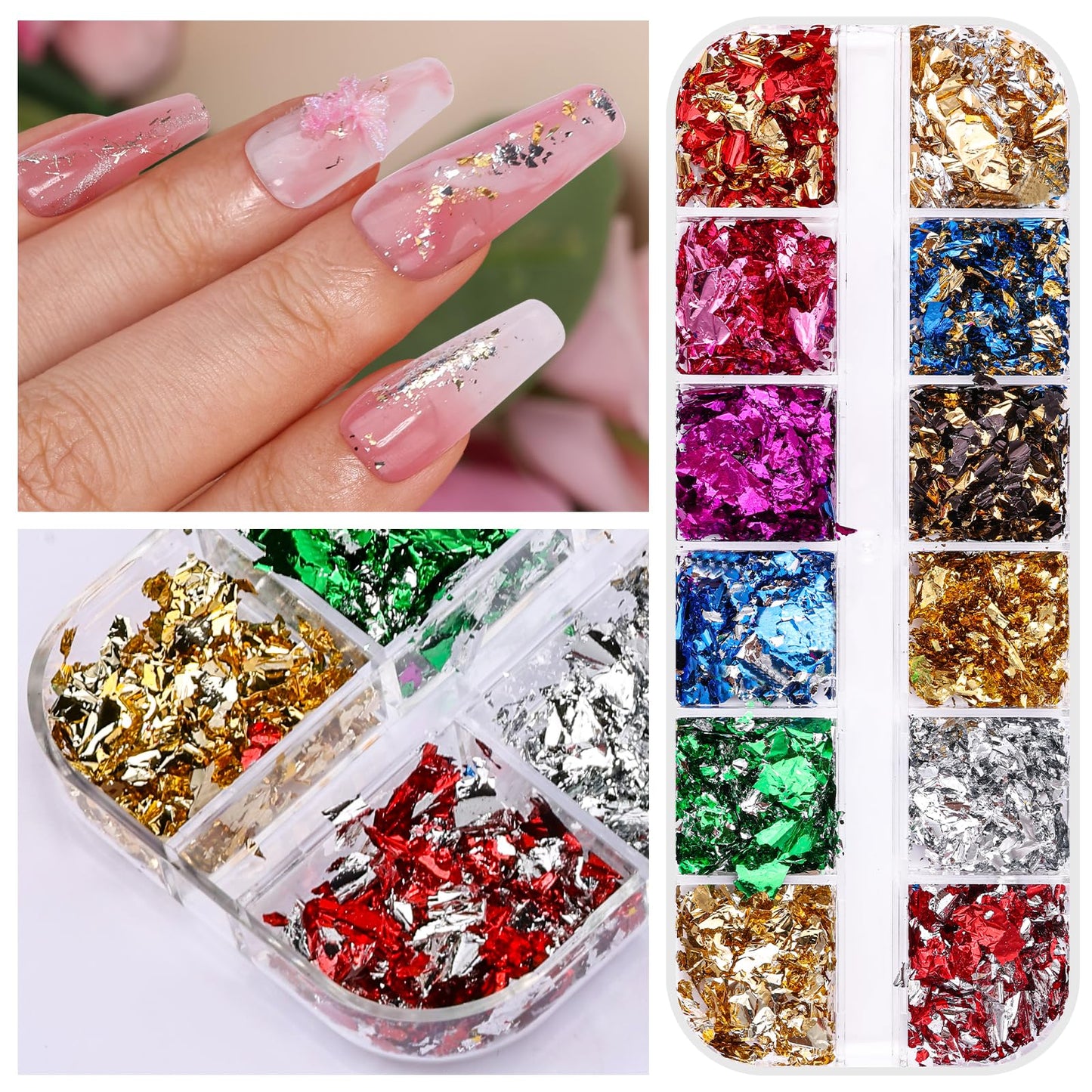 5 Boxes 60 Colors Holographic Nail Glitter Gold Foils Kit, Nail Foil Flakes Laser, 3D Irregular Thin Foil Nail Art Flakes Design Nail Sequins Supplies for Manicure Body Makeup Craft DIY