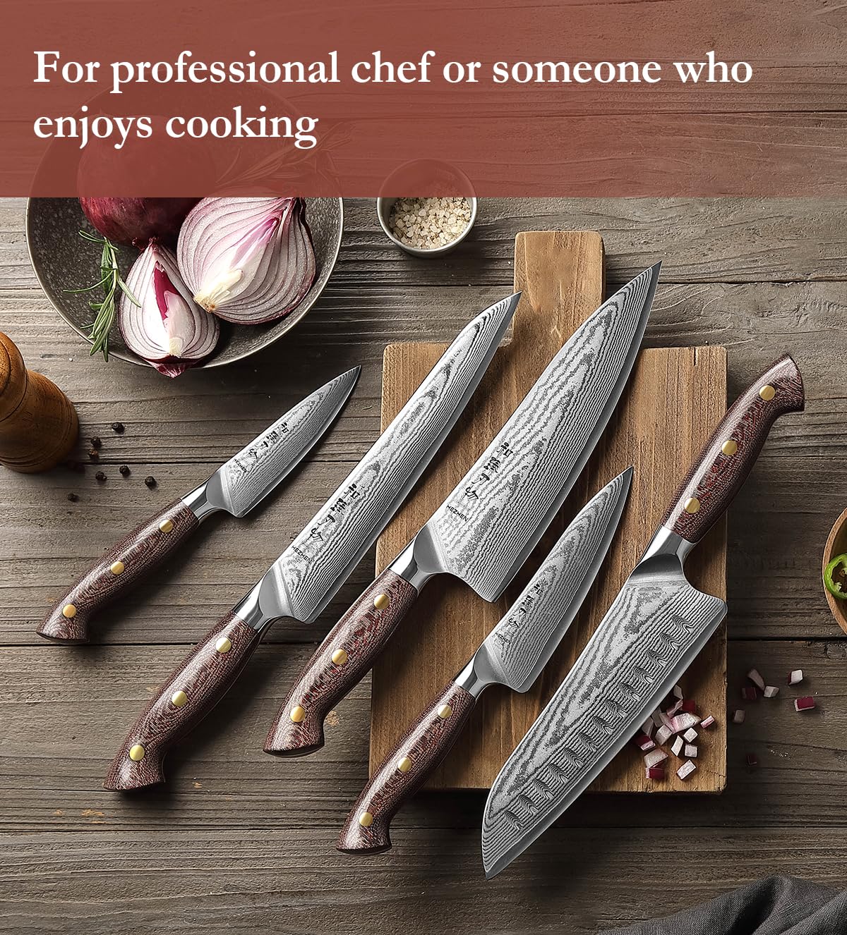 HEZHEN Damascus Chef Knife Set, 67 Layers Damascus Steel, 5PCS, Ultra Sharp, Professional Kitchen Knife Set for Chefs and Home Cooking, Ergonomic Micarta Handle, Gift Packing